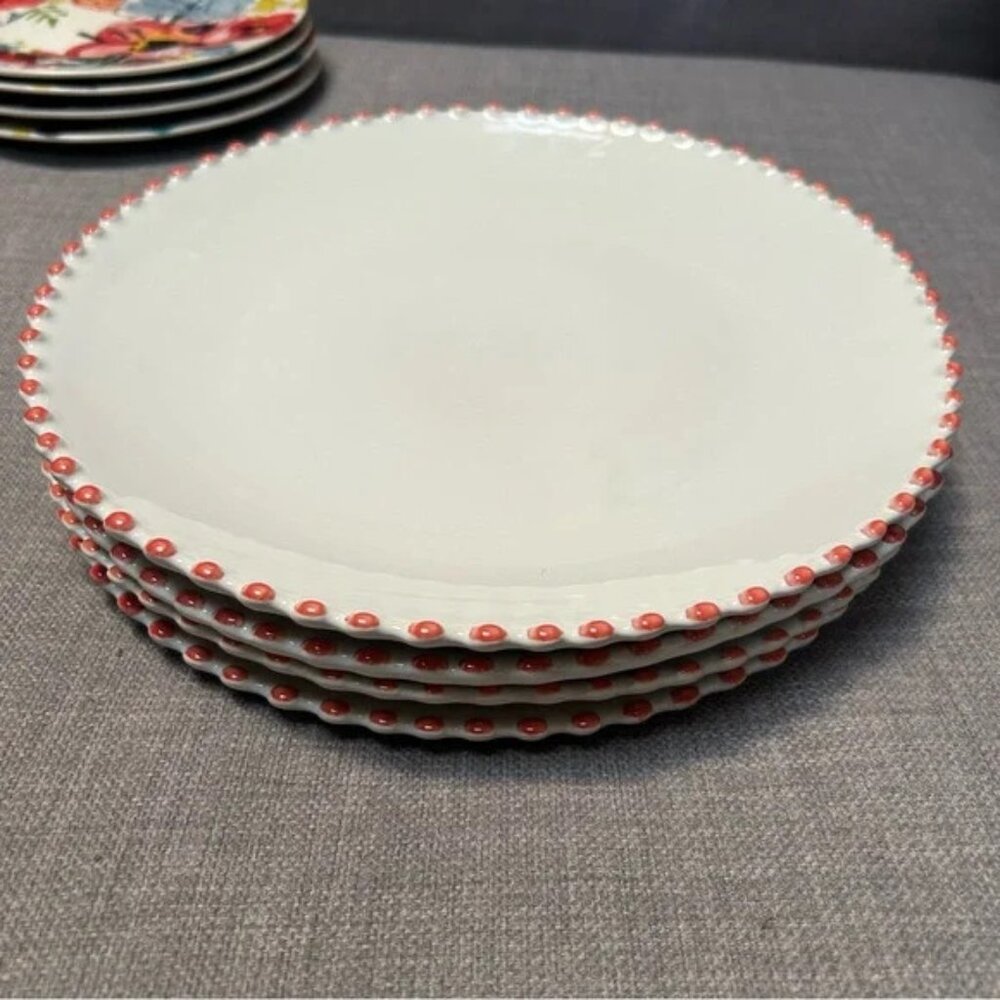 Anthropologie White Dinner Plates with Coral Bead Rim